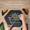 A hand inserts a piece into a triangle pattern on a black board for a chain refining logic game.