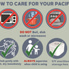 Infographic showing how to care for a pacifier, advising against boiling, dishwashing, or microwaving, and recommending gentl
