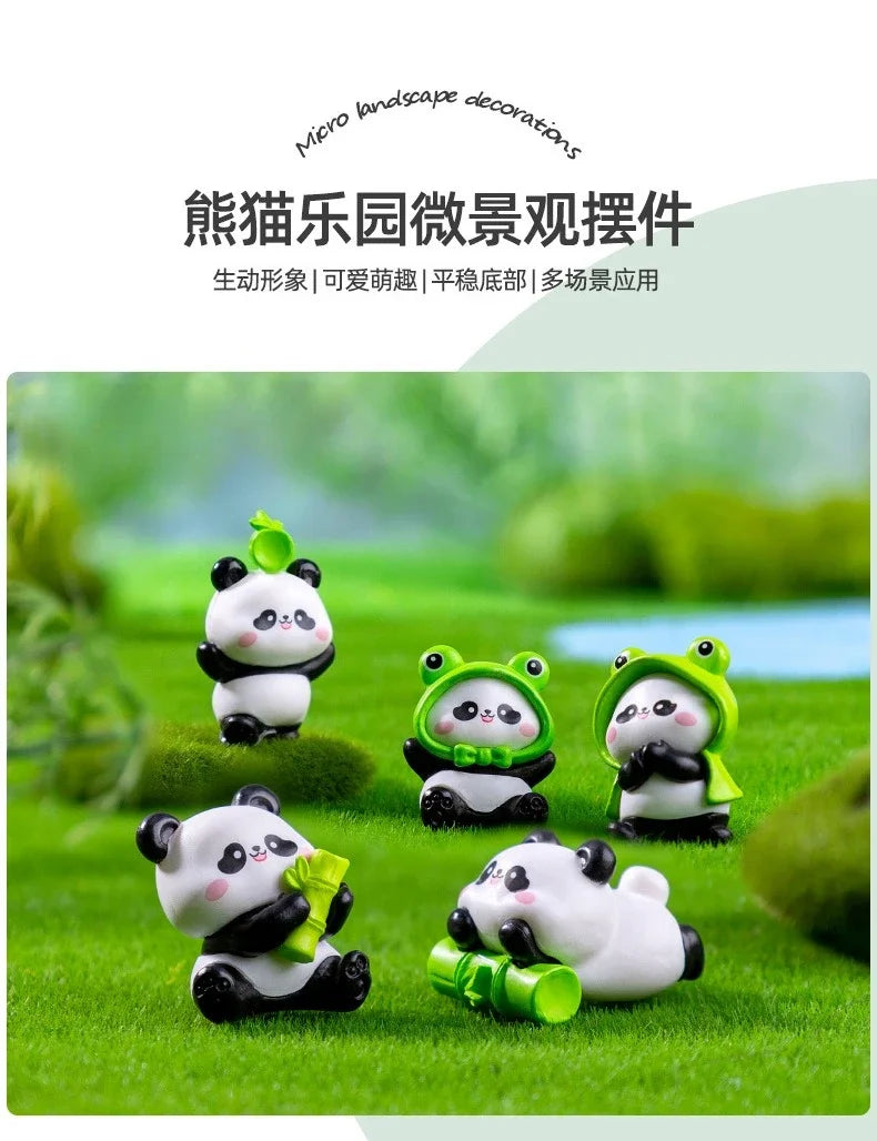 A set of adorable resin panda figurines in various poses and colors displayed on green grass.