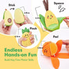 A set of felt fruit and veggie shapes demonstrating stick, squeeze, pinch, and peel actions for fine motor skill development.