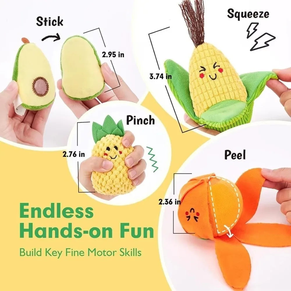 A set of felt fruit and veggie shapes demonstrating stick, squeeze, pinch, and peel actions for fine motor skill development.