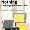A collection of wooden geometric brain teaser puzzles in gray, yellow, and pink tones.