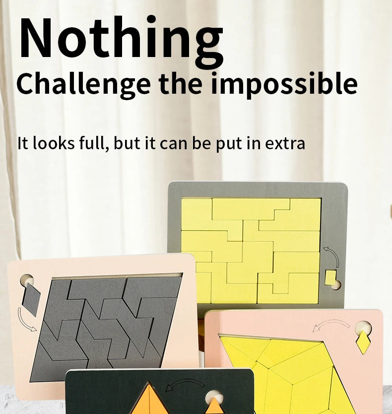 A collection of wooden geometric brain teaser puzzles in gray, yellow, and pink tones.