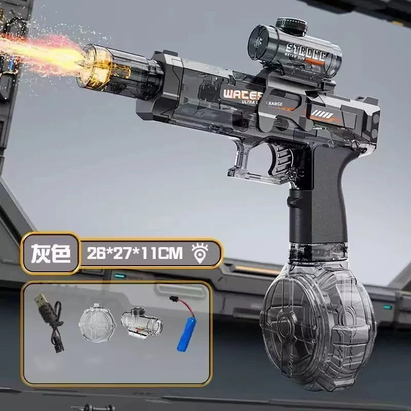 A black electric water gun with an automatic high-capacity tank is shown in a tactical setting.