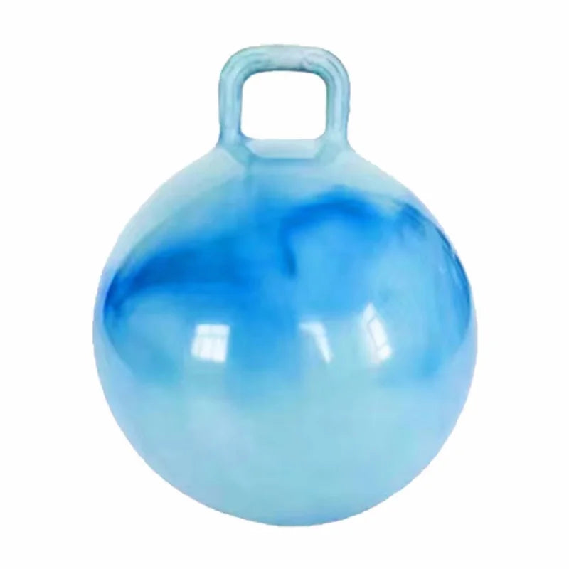 A translucent blue inflatable hopper ball with a handle, designed for kids' active play.