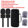 Black microphone accessories including handles, windshields foam, flag, and a storage bag for two microphones.