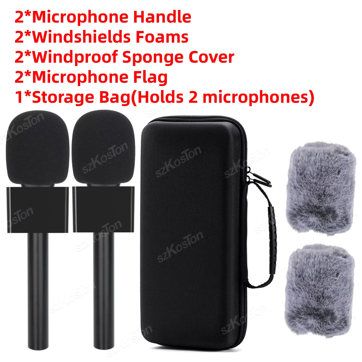 Black microphone accessories including handles, windshields foam, flag, and a storage bag for two microphones.
