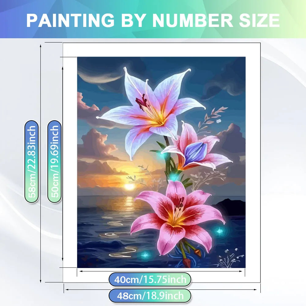 A painting by numbers kit featuring a vibrant pink and purple lily flower on a dark blue background.