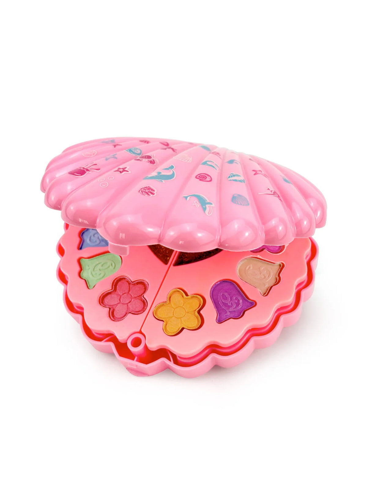 A pink kids princess makeup toy set with a multi-layer shell case and a pink dome lid.