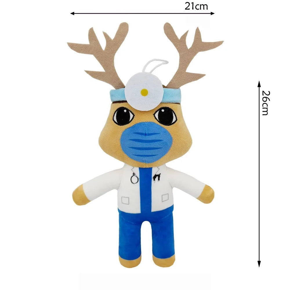 A plush toy set of an animal hospital doctor with reindeer antlers and a blue face mask