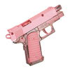 A pink plastic pistol water gun with a textured grip and barrel, shown from the side.