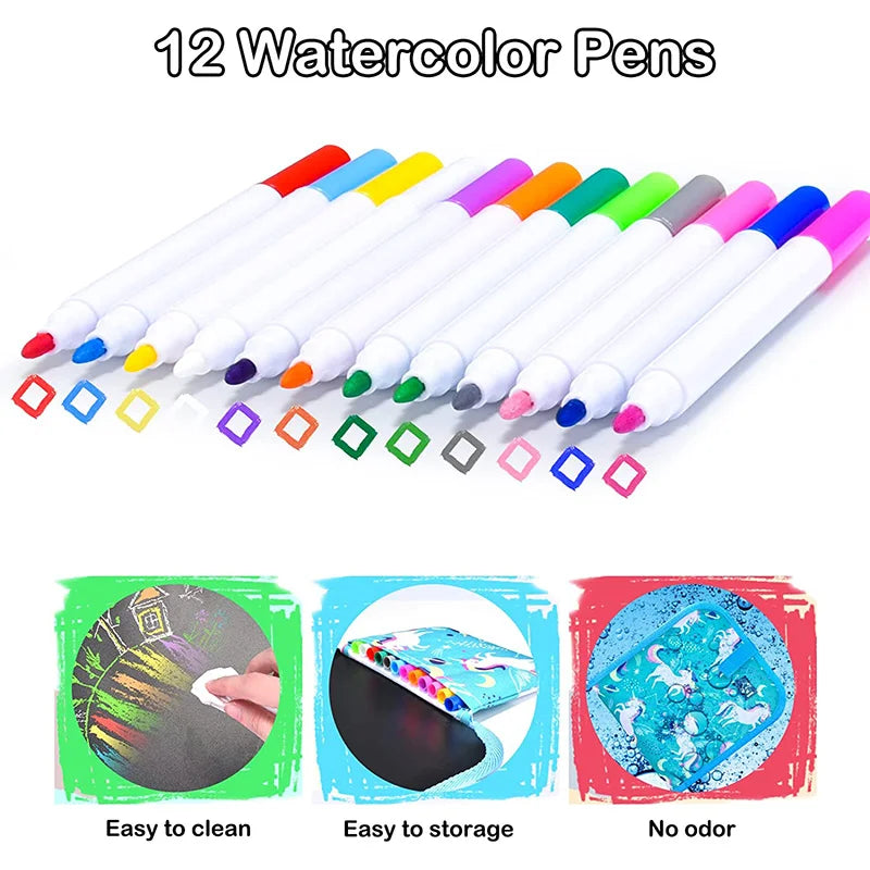 Reusable Erasable Doodle Book for Kids with 12 Watercolor Pens