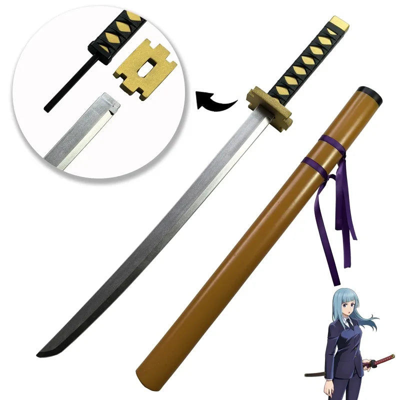 A long katana prop with a wooden handle and purple wrapping, shown alongside components for a Jujutsu Kaisen Miwa Kasumi cosp