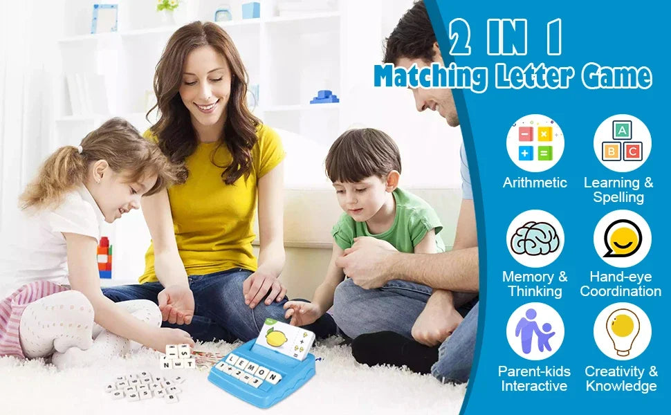A family playing a 2-in-1 matching letter and number game for early learning on the floor.