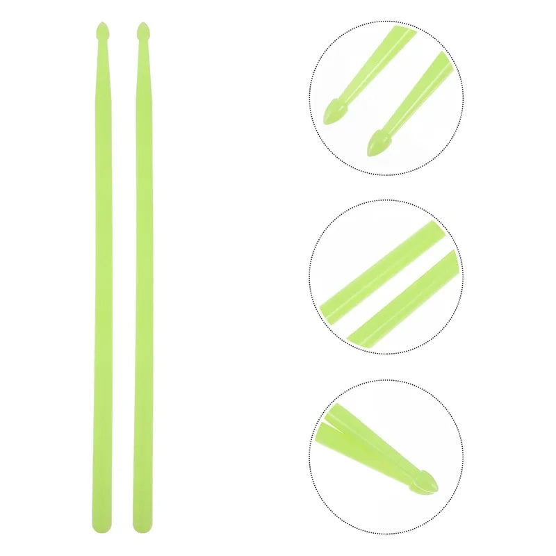 Set of five glow-in-the-dark neon green nylon drumsticks shown in various angles