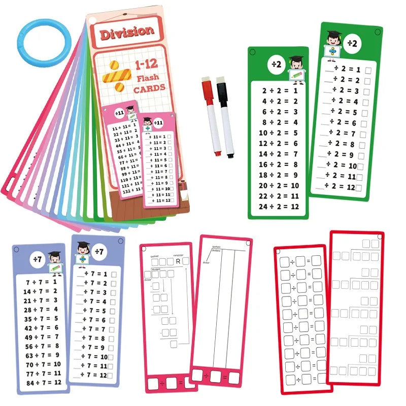 A set of colorful math flash cards for addition, subtraction, multiplication, and division practice.