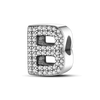 A personalized sterling silver alphabet charm bead shaped like the letter B, encrusted with cubic zirconia stones.