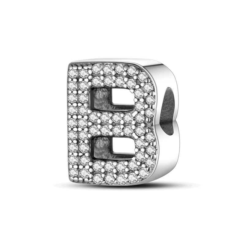 A personalized sterling silver alphabet charm bead shaped like the letter B, encrusted with cubic zirconia stones.