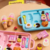 A colorful pretend play set featuring various food items and tools like a feeding plate, spoons, and other accessories for ch