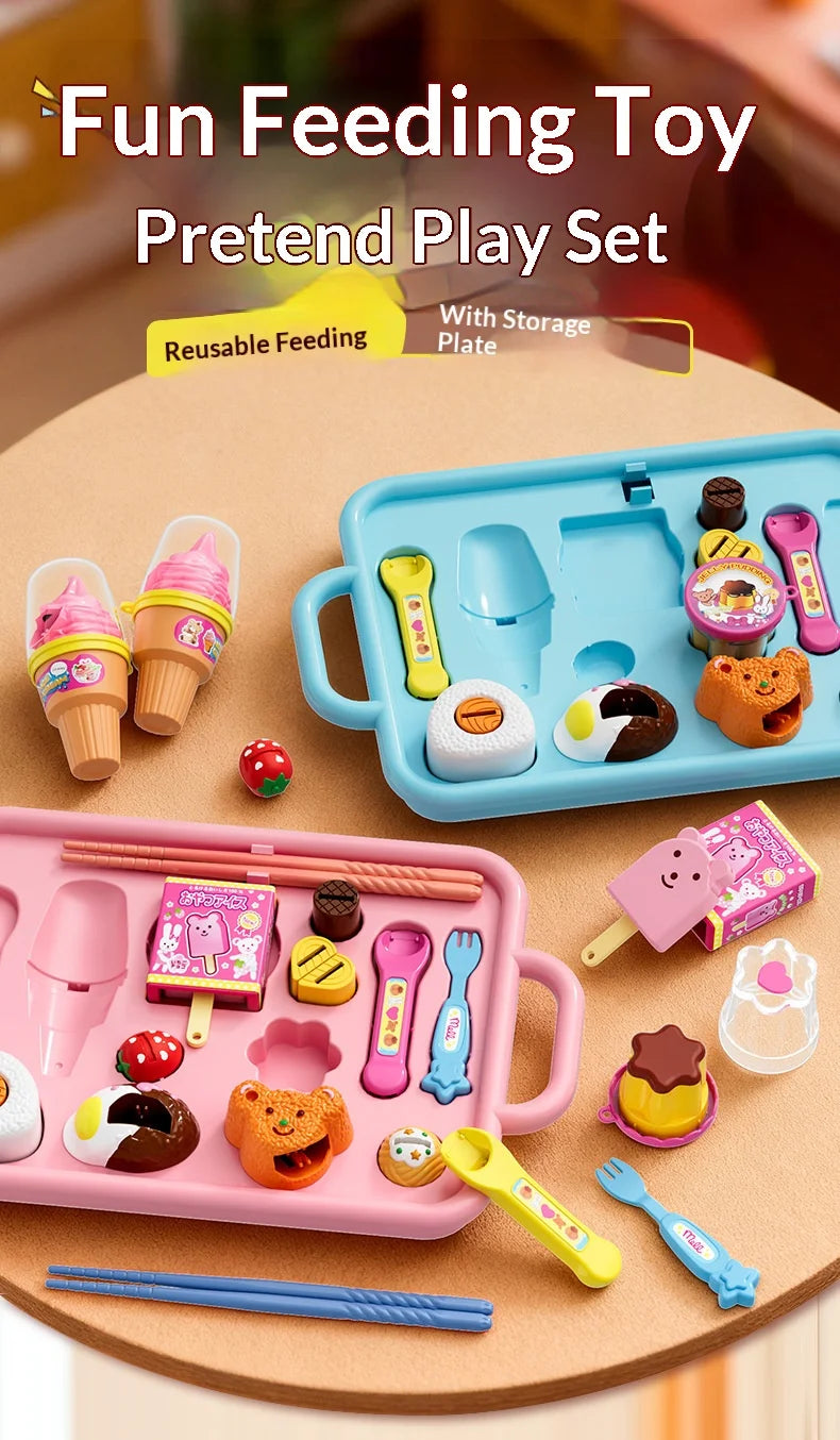 A colorful pretend play set featuring various food items and tools like a feeding plate, spoons, and other accessories for ch