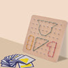 A wooden geometric shape peg board with various colored pegs and pattern cards for educational activities.