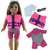 A doll wearing a pink top and purple vest with blue accents, accompanied by sunglasses and a pink outfit set.