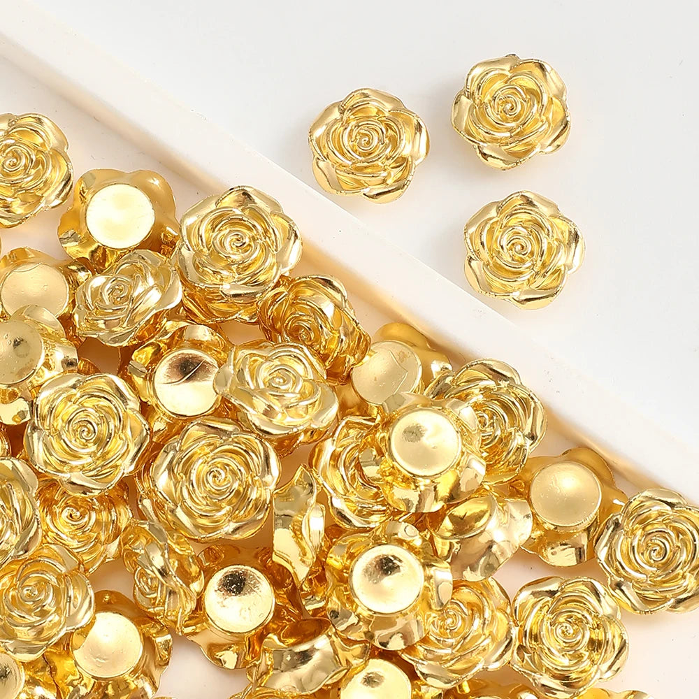 12mm Gold Rose Flower Resin Flat Back Beads for Jewelry Making (30-Pack)