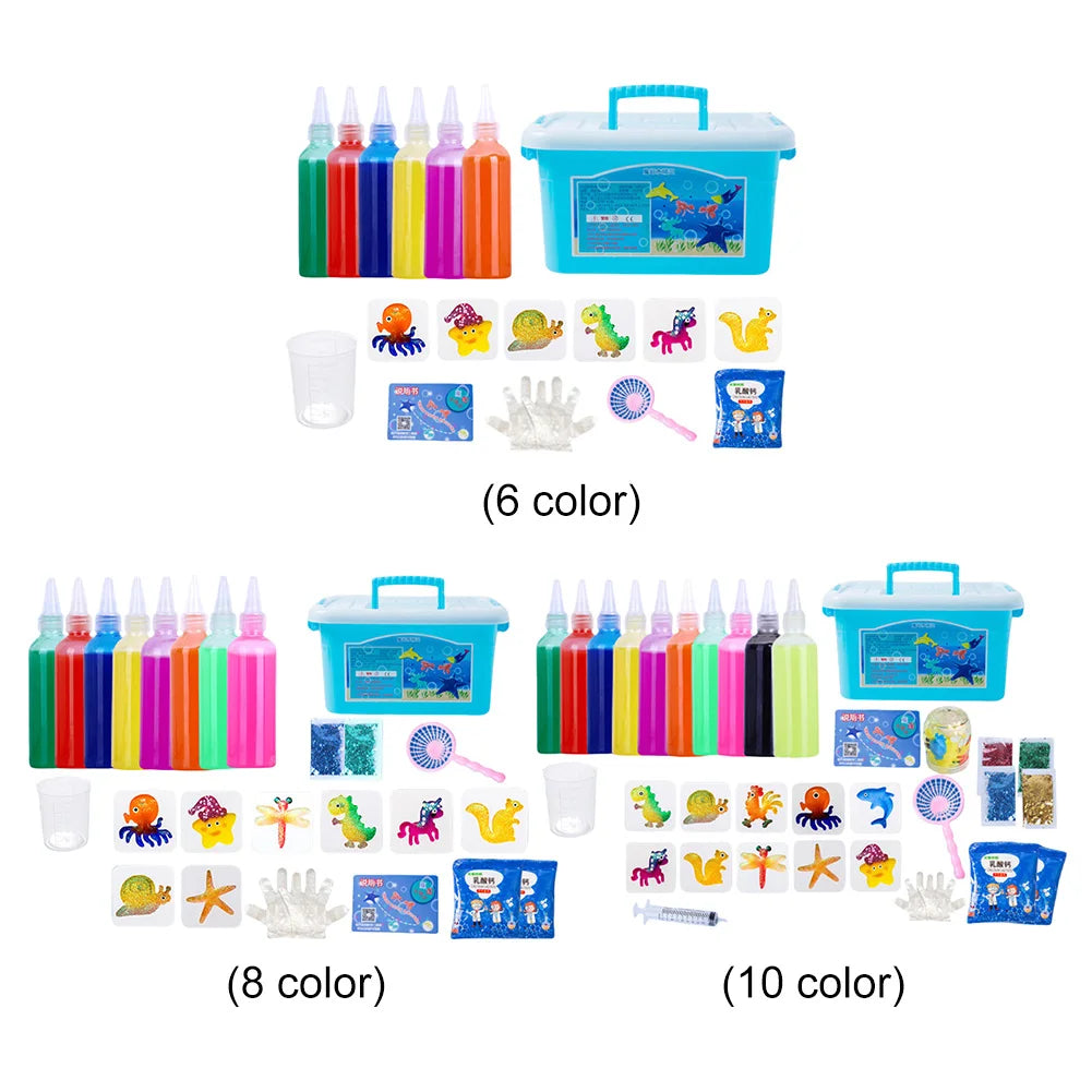 A collection of colorful magic water elf DIY craft kits featuring various gel molds and tools.