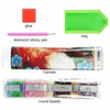Diamond painting kit components including glue, a tray, canvas, and round beads for creating pearl and crystal flower art
