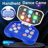 A blue handheld dance game console with colorful light patterns and buttons is displayed on a dark surface.