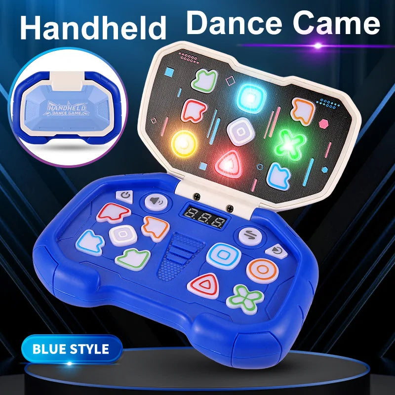 A blue handheld dance game console with colorful light patterns and buttons is displayed on a dark surface.