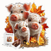 A wooden jigsaw puzzle featuring three pig piglets in a natural setting surrounded by autumn leaves.