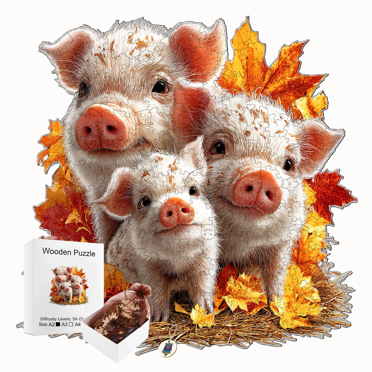 A wooden jigsaw puzzle featuring three pig piglets in a natural setting surrounded by autumn leaves.
