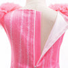 Pink princess ball gown dress with ruffled shoulders and striped fabric