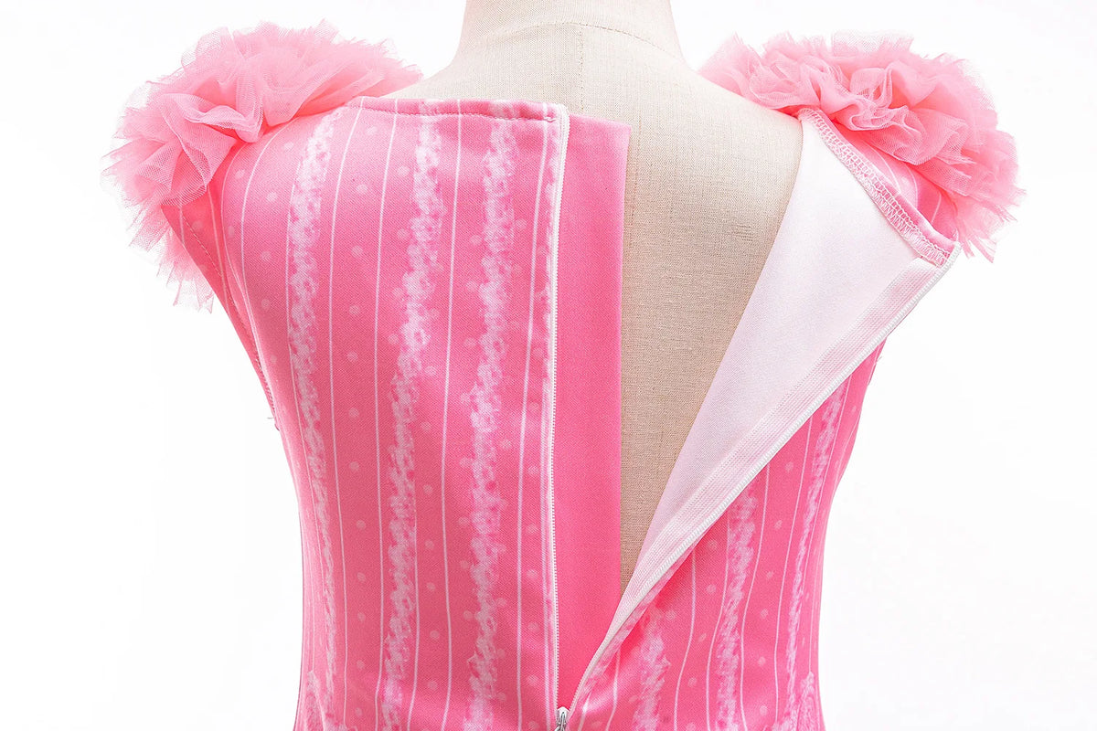 Pink princess ball gown dress with ruffled shoulders and striped fabric