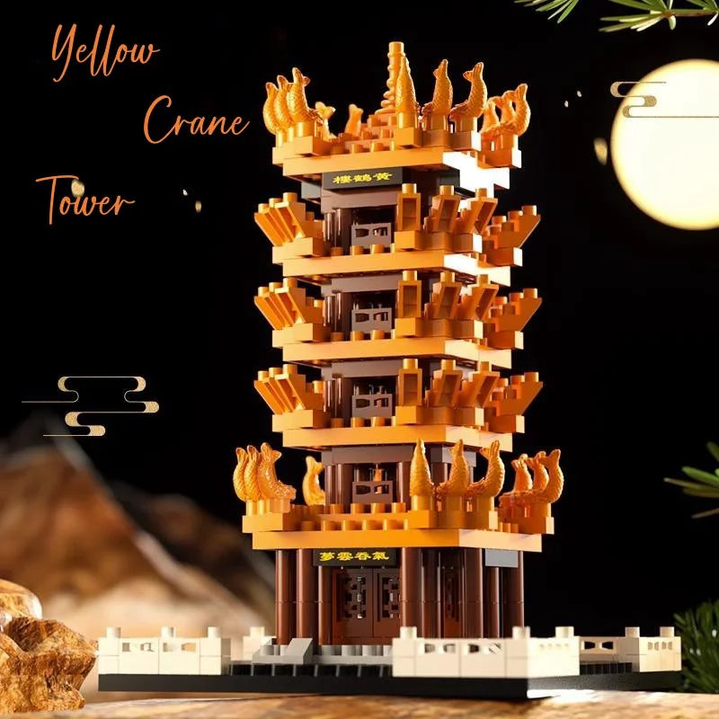 A detailed model kit of the Yellow Crane Tower built from wooden micro building blocks.