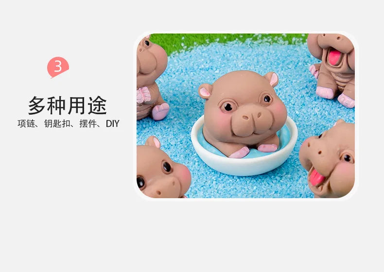 A collection of cute mini hippo resin figurines in various poses and sizes, displayed on a bright blue surface.