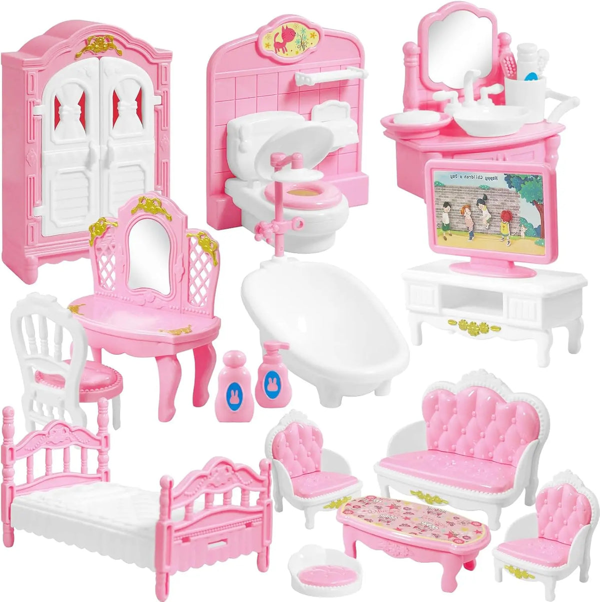 Dollhouse Furniture Set for Pretend Play – 3-Room Miniature Collection