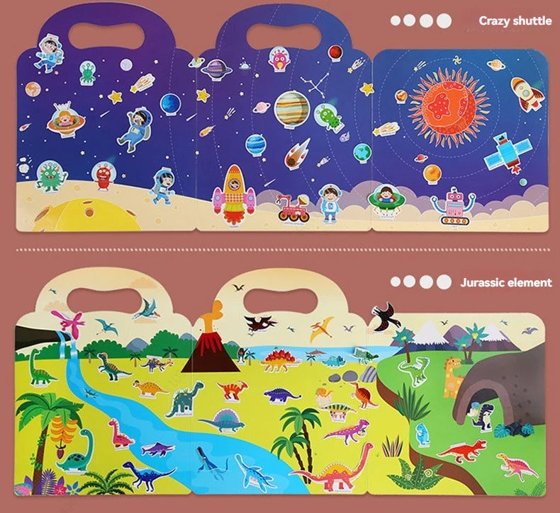 A set of reusable vehicle stickers featuring various animals and vehicles for toddlers.