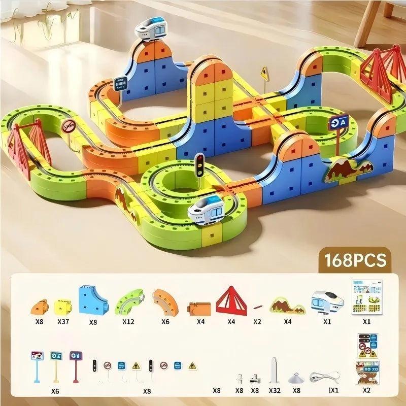 An assembled magnetic building blocks train set with a colorful 3D track and various components.