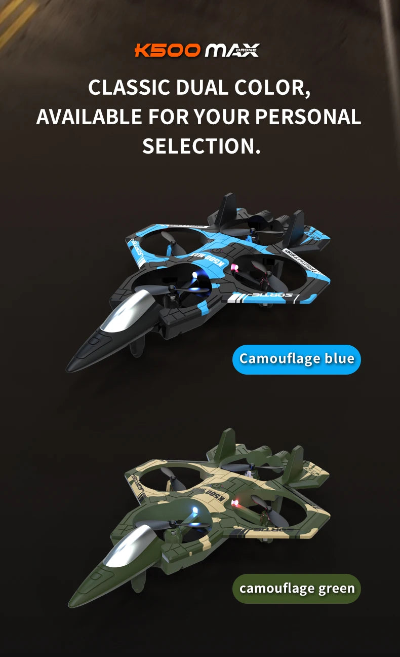 Two K500 MAX electric RC fighter planes, one camouflage blue and one camouflage green, displayed against a dark background.