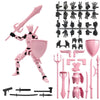 A pink magnetic multi-jointed action figure set featuring a sword and shield, along with various accessory parts.