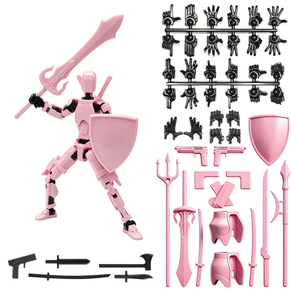 A pink magnetic multi-jointed action figure set featuring a sword and shield, along with various accessory parts.