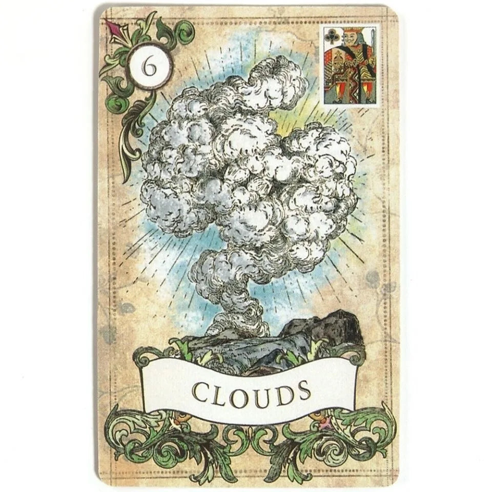 A vintage Lenormand fortune-telling card featuring a large cloud illustration and an image of a man.