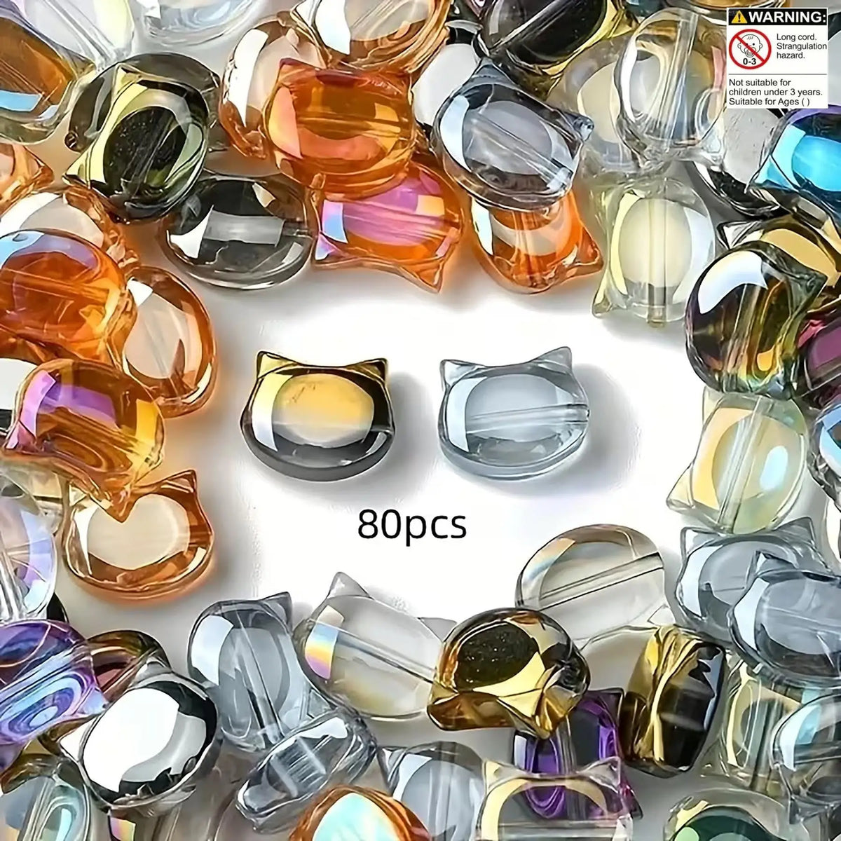Cat Face Glass Beads for Jewelry Making – 10mm Mixed Colors (80-Pack)