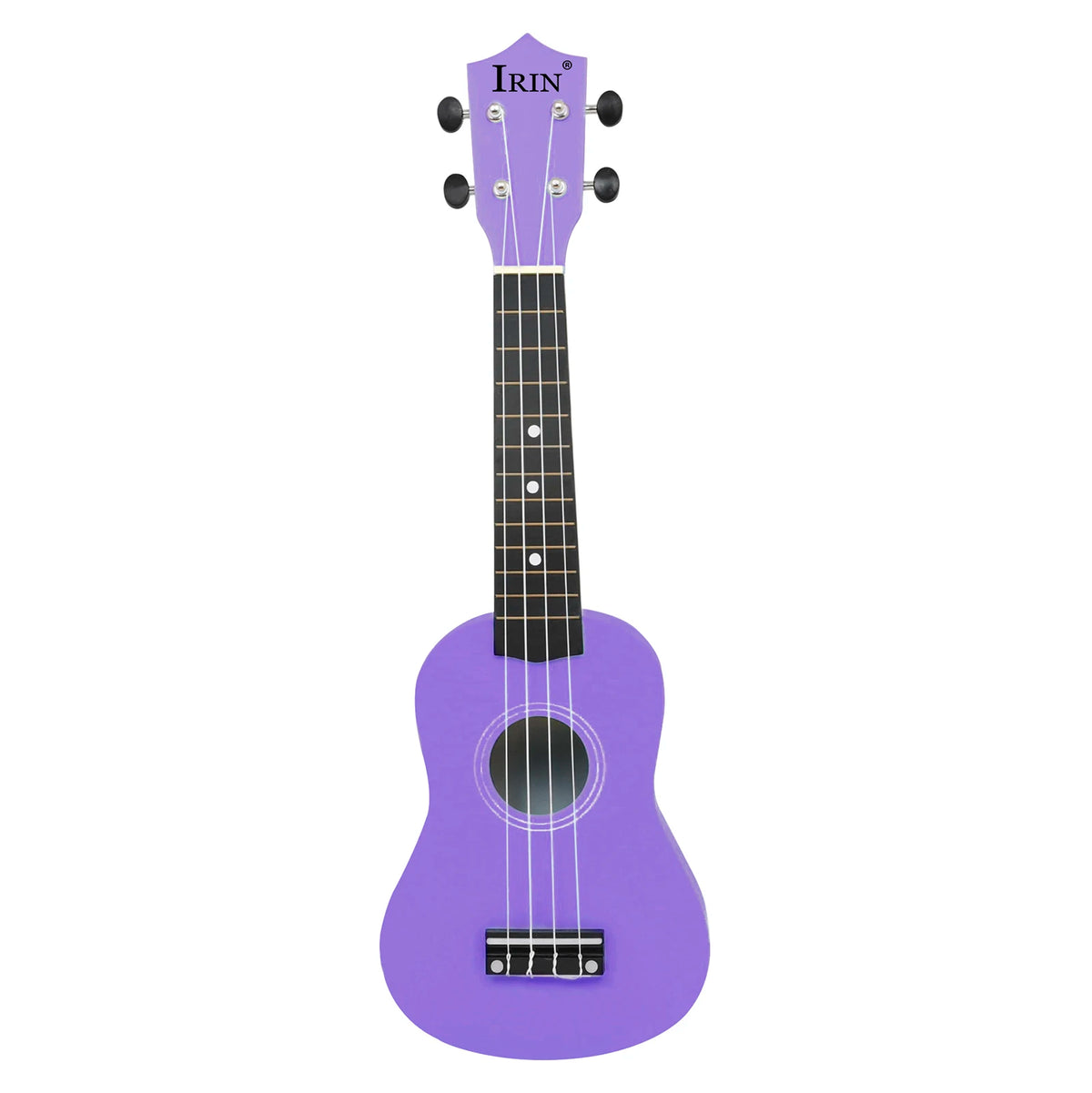 A purple 21-inch soprano ukulele with a light wood finish and accessories.