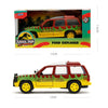 A diecast model of a Jurassic Park themed Ford Explorer SUV in yellow and green colors.