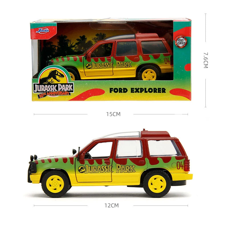 A diecast model of a Jurassic Park themed Ford Explorer SUV in yellow and green colors.