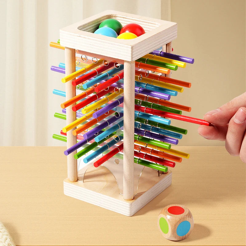 A wooden counting stick toy with colorful rods is displayed in a light wooden frame for early math learning.