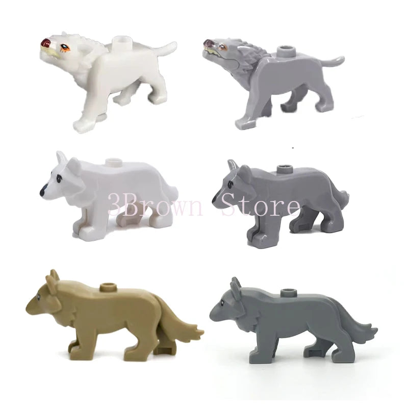 A set of six gray and white African wildlife animal building blocks for kids and collectors.